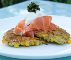 Sweetcorn fritters with smoked salmon